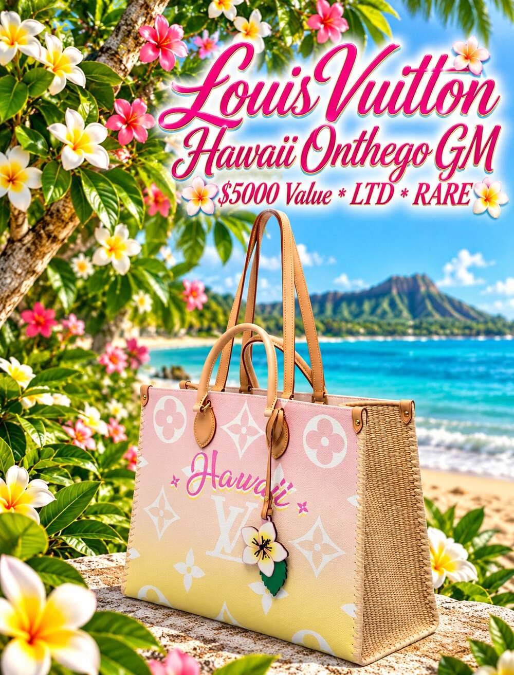 Louis Vuitton HAWAII Onthego GM LTD MAUI Plumeria Large Shoulder Bag Pink Tote